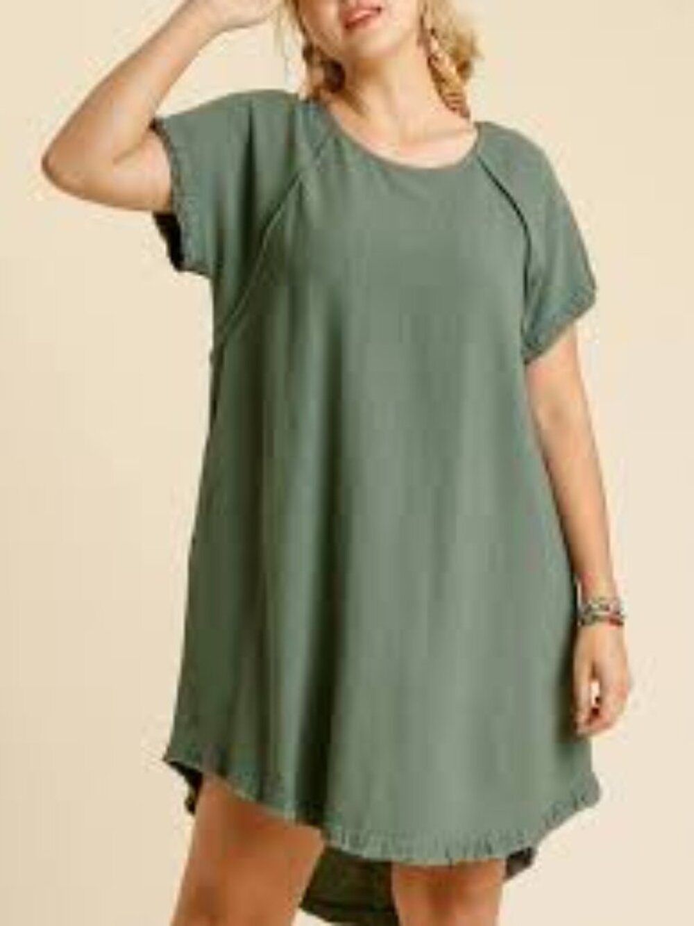 Umgee Green Fringe Short Sleeve Tunic Dress Size Small